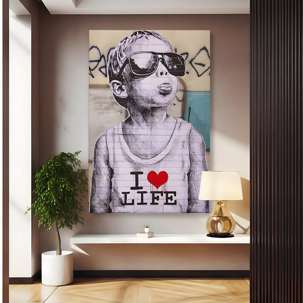 Tablou canvas cu tablou portret copil cu ochelari si inima, fara rama, pe sasiu de lemn